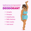 Drawing of a woman and the text: whole body deodorant, armpits, privates, underboobs, belly buttons, buttcracks, and more