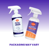 Two bottles of Laundry Pretreat Spray side by side. One has white and blue packaging, the other has purple and orange packaging. The text reads "packaging may vary".