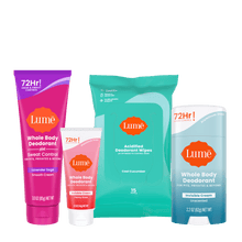 Four Lume products side by side: Cream tube deodorant plus sweat control, mini cream tube deodorant, 15 count wipes pack, and cream stick deodorant