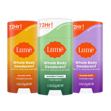 Three containers of Lume solid stick and cream deodorant