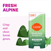 Bar of Lume fresh alpine scented cream deodorant stick and the text: fresh alpine, crisp and clean forest green