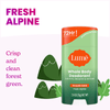 Bar of Lume fresh alpine scented solid deodorant stick and the text: fresh alpine, crisp and clean forest green