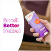 Hand holding a purple and white Lume lavender sage scented cream deodorant stick and text that says: Smell better naked