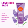 Lume lavender sage scented body wash over purple flowers and the text: Lavender sage true lavender with a hint of clary sage