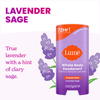 Lume lavender sage solid deodorant on purple flowers and the text: Lavender sage, true lavender with a hint of clary sage