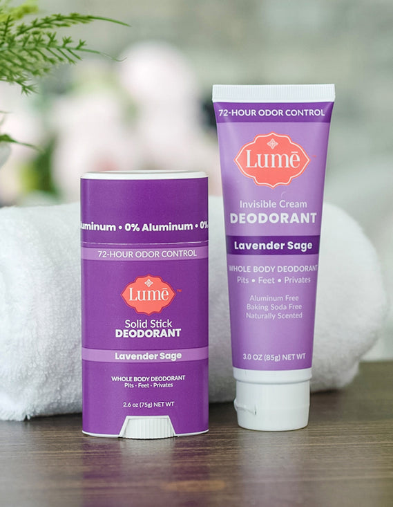 Lavender Sage Lume cream tube and solid stick deodorants