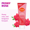Pink Lume peony rose scented acidified body wash over two pink roses and text: Peony rose, peony rose and bergamot bouquet
