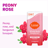 Pink Lume cream deodorant over two pink roses and the text: Peony rose, peony rose and bergamot bouquet