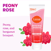 Pink Lume cream deodorant tube over two pink roses and the text: Peony rose, peony rose and bergamot bouquet