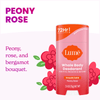 Pink Lume Solid deodorant over two pink roses and the text: Peony rose, peony rose and bergamot bouquet