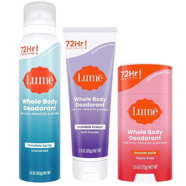 Lume Spray Deodorant, Cream Tube Deodorant, and Cream Stick Deodorant products.