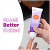 Person applying Lume soft powder scented cream deodorant to their left hand and text that says: Smell better naked