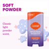 Lume Soft Powder scented solid deodorant stick over clouds and stars alongside the text: classic light powder scent