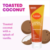 Lume acidified body wash over two coconut halves and the text: Toasted coconut, toasted coconut with a splash of vanilla