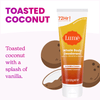 Lume cream deodorant tube over two coconut halves and the text: Toasted coconut, toasted coconut with a splash of vanilla
