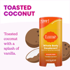 Orange Lume Solid deodorant over two coconut halves and the text: Toasted coconut, toasted coconut with a splash of vanilla