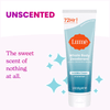 Blue and white Lume unscented cream deodorant tube next to text that says: Unscented, the sweet scent of nothing at all