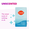 Blue and light blue Lume unscented soap bar next to text that says: Unscented, the sweet scent of nothing at all