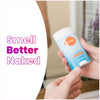 Blue and white Lume unscented solid deodorant stick and text that says: Smell better naked