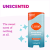 Lume unscented solid deodorant stick next to text that says: Unscented, the sweet scent of nothing at all