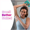 Woman applying a Lume cool cucumber deodorant wipe and text: Smell better naked